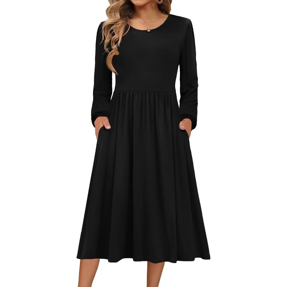 Zeagoo Women Black Long Sleeve Flowy A-Line Boho Long Dress with Pockets